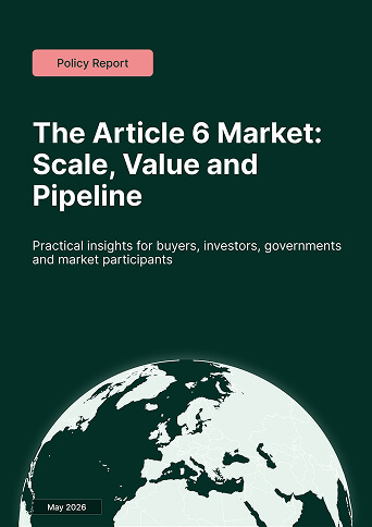 Policy report cover titled 'The Article 6 Market: Scale, Value and Pipeline' with globe illustration and May 2026 date.