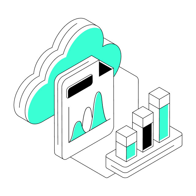 Isometric illustration of cloud shape with document screen showing graph peaks and bar chart, in white, black, and turquoise color scheme, symbolizing cloud computing, data analytics, and business intelligence visualization.